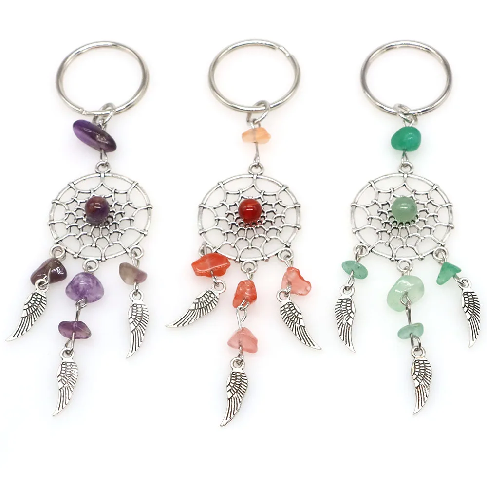 Bohemian Dreamcatcher Keyring Natural Crystal Gravel Chips Stones Wings Pendant Metal Feather Pendulum Keychain Handbag Ornament