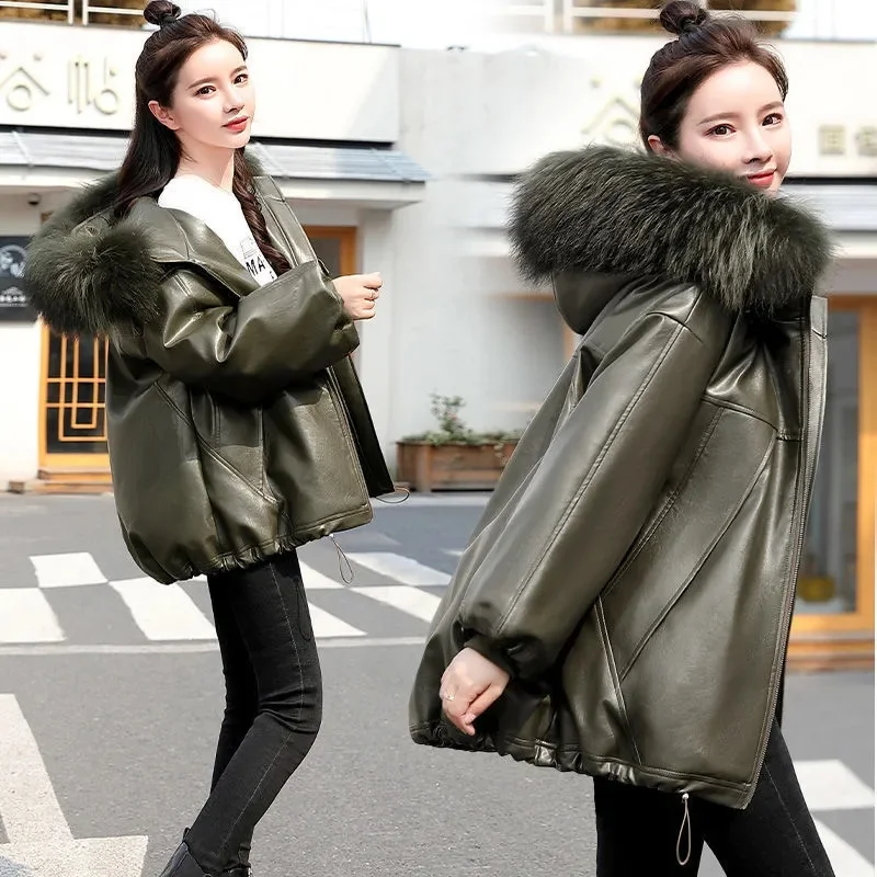 Women\'s Leather Cotton Coat Parka 2023 New Winter Jackets Short Hooded Warm Windproof Motorcycle Outerwear Leather Clothing