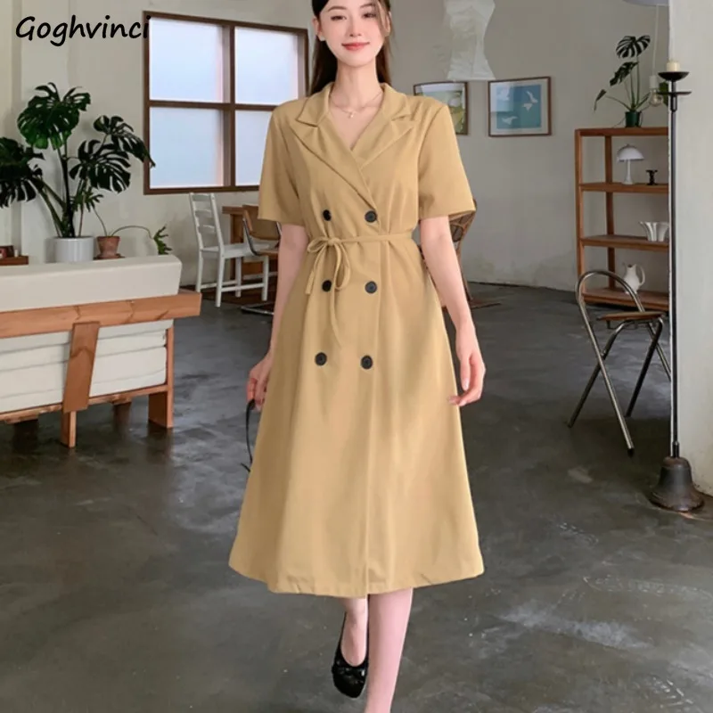 Dresses Women Defined Waist Summer Temperament French Style Double Breasted Popular Elegant Office Lady Vestidos Classic Ins