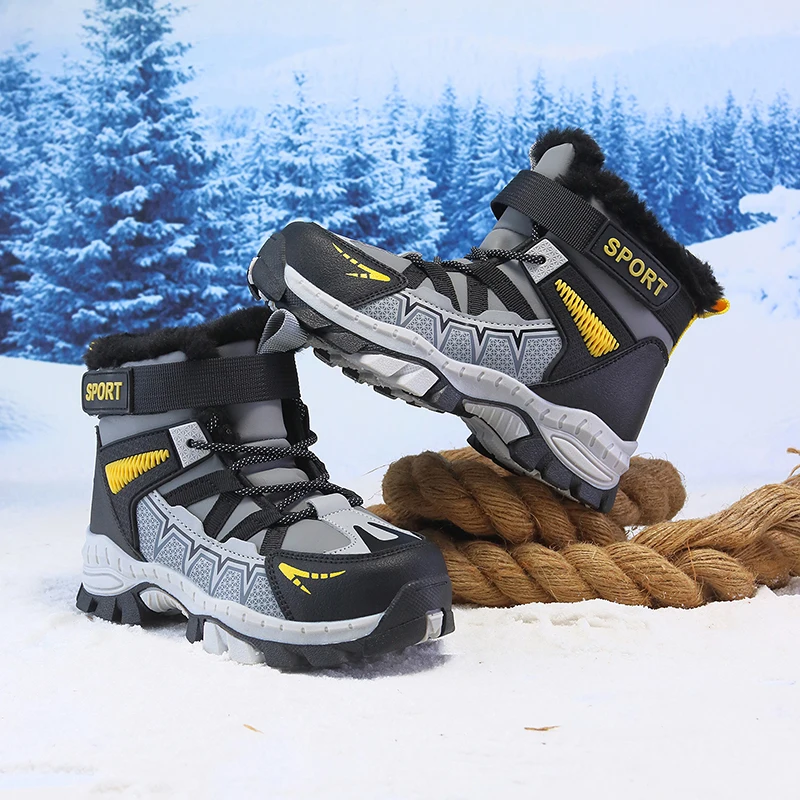 

New children's fleece warm snow boots winter boys' thickened student leather waterproof and anti-slip cotton boots