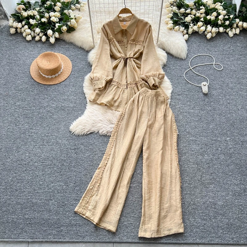 

2 Piece Set Women's Outfit French Retro Light Mature Style Women's Summer Lantern Sleeve Shirt Elastic Waist Slim Wide Leg Pants