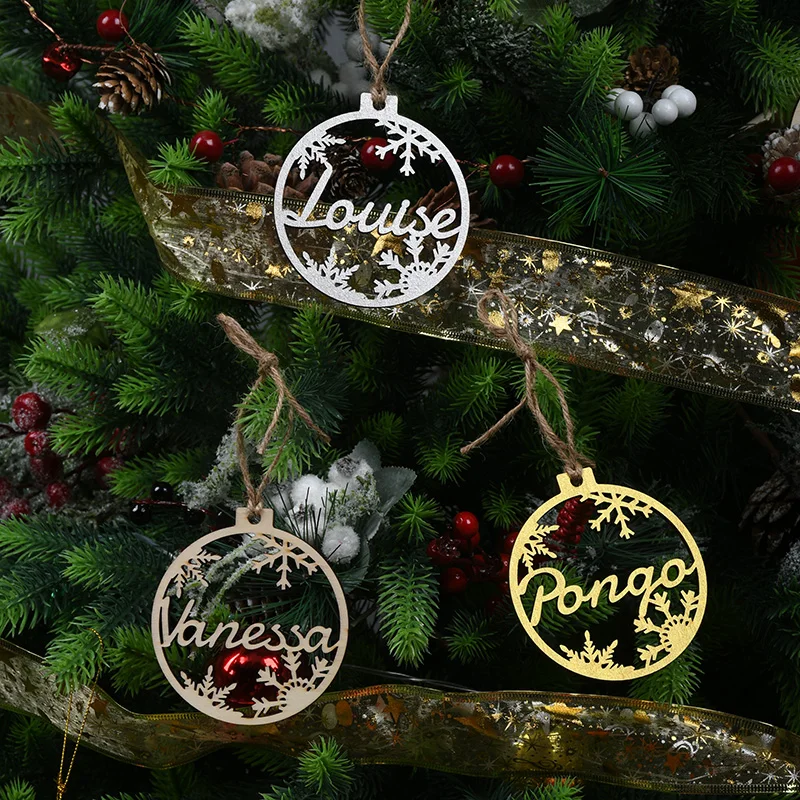 Custom Christmas Tree Baubles Silver Wood Decor Personalized Ornament Laser Cut Names Christmas Custom Gift Tags Dropshipping