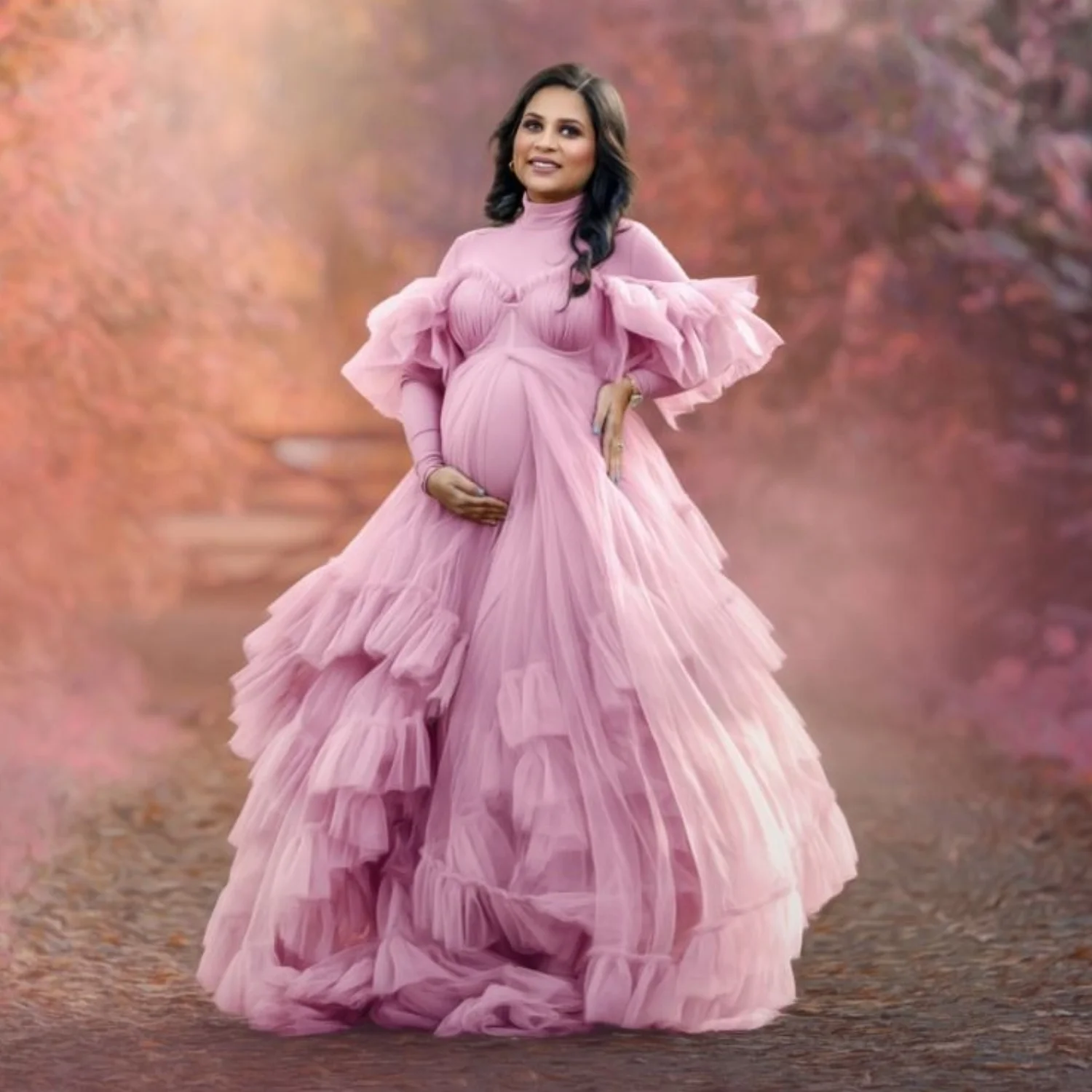 

Dusty Pink Maternity Dresses Photoshoot Vintage Off Shoulder Tulle Tiered Pregnancy Dresses Ruched Baby Shower Gowns