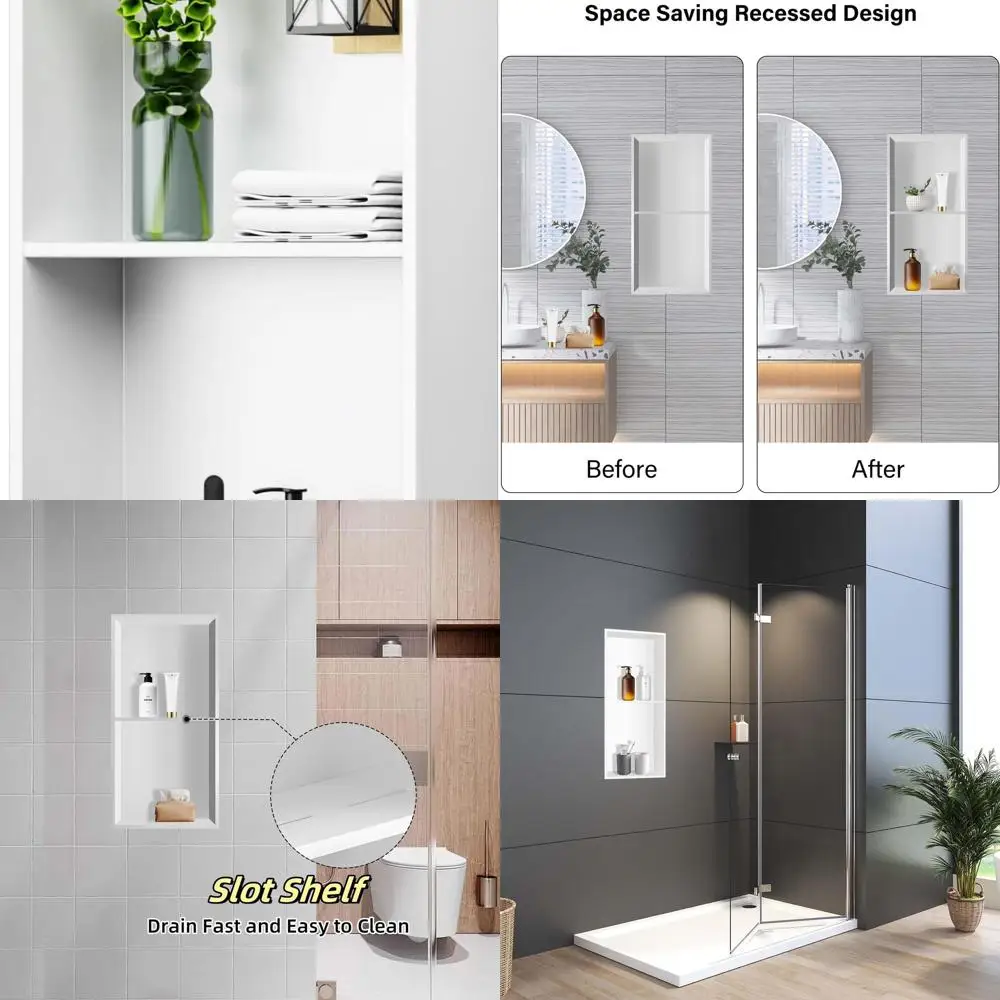 

24x12 Inch Stainless Steel Shower Niche, 2-Tier Recessed Shelves, Tile-Ready for Shower Wall, White Bathroom Storage