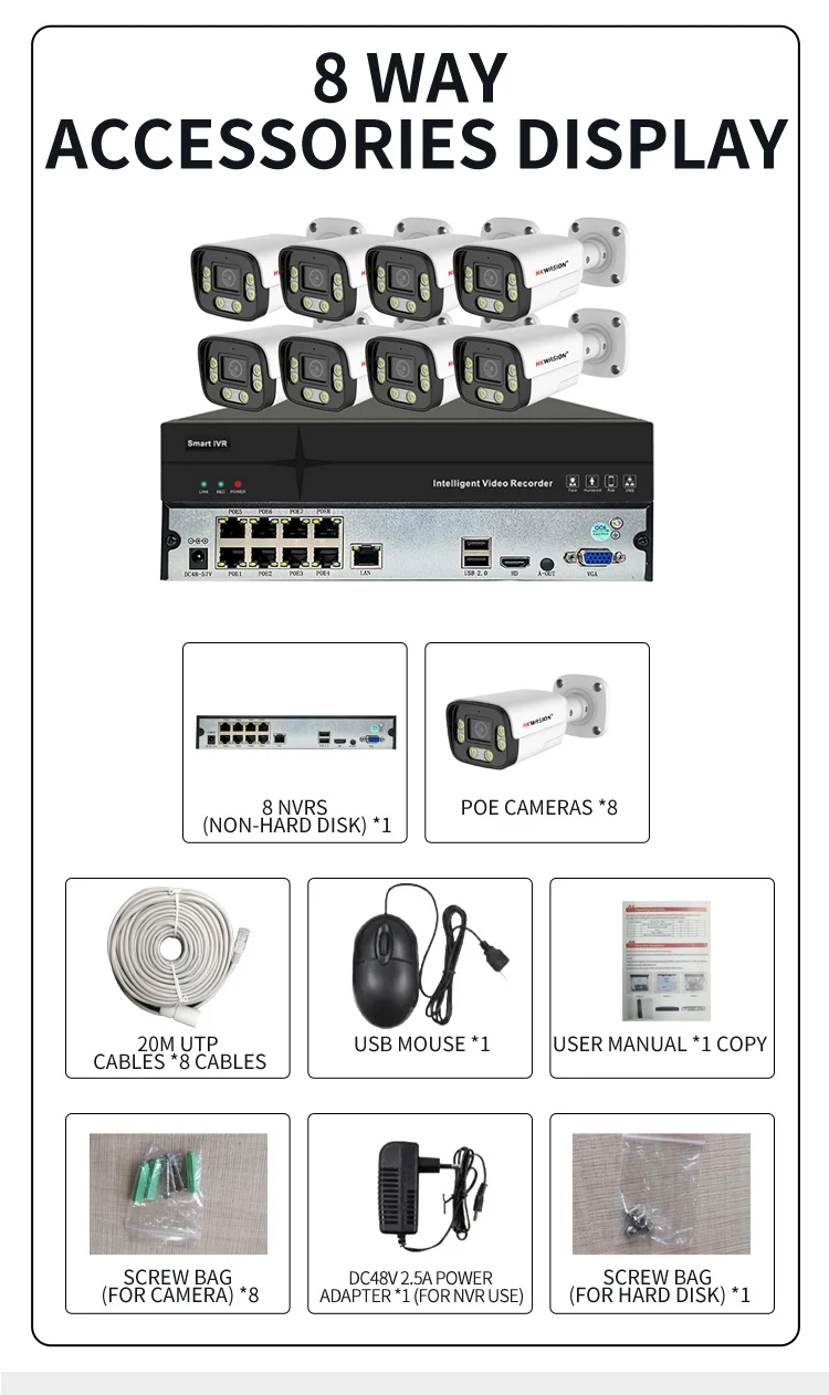HKWASION 8ch 5MP, POE,System Kit, IR Leds, NVR Recorder, 24H Recording ,Security Surveillance,