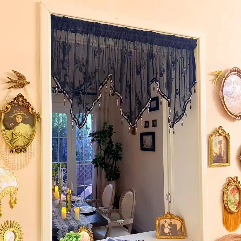 Romantic Black Lace Door Curtain Valance with Tassel Pendant, Irregular Soft Curtain for Living Room Cafe Decor