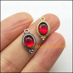 15 New Oval Charms Red Wheel Glaze Pendants Tibetan Silver Plated & Gold Color Connectors 9x17mm
