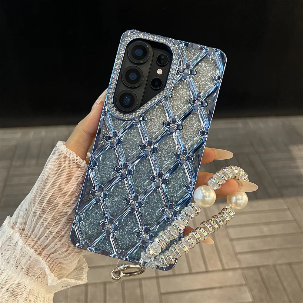 Luxury Plating Flower Glitter Rhinestone Bracelet Phone Case For Samsung S25 S26 Ultra S23 S24 Plus Shockproof Clear Back Cover