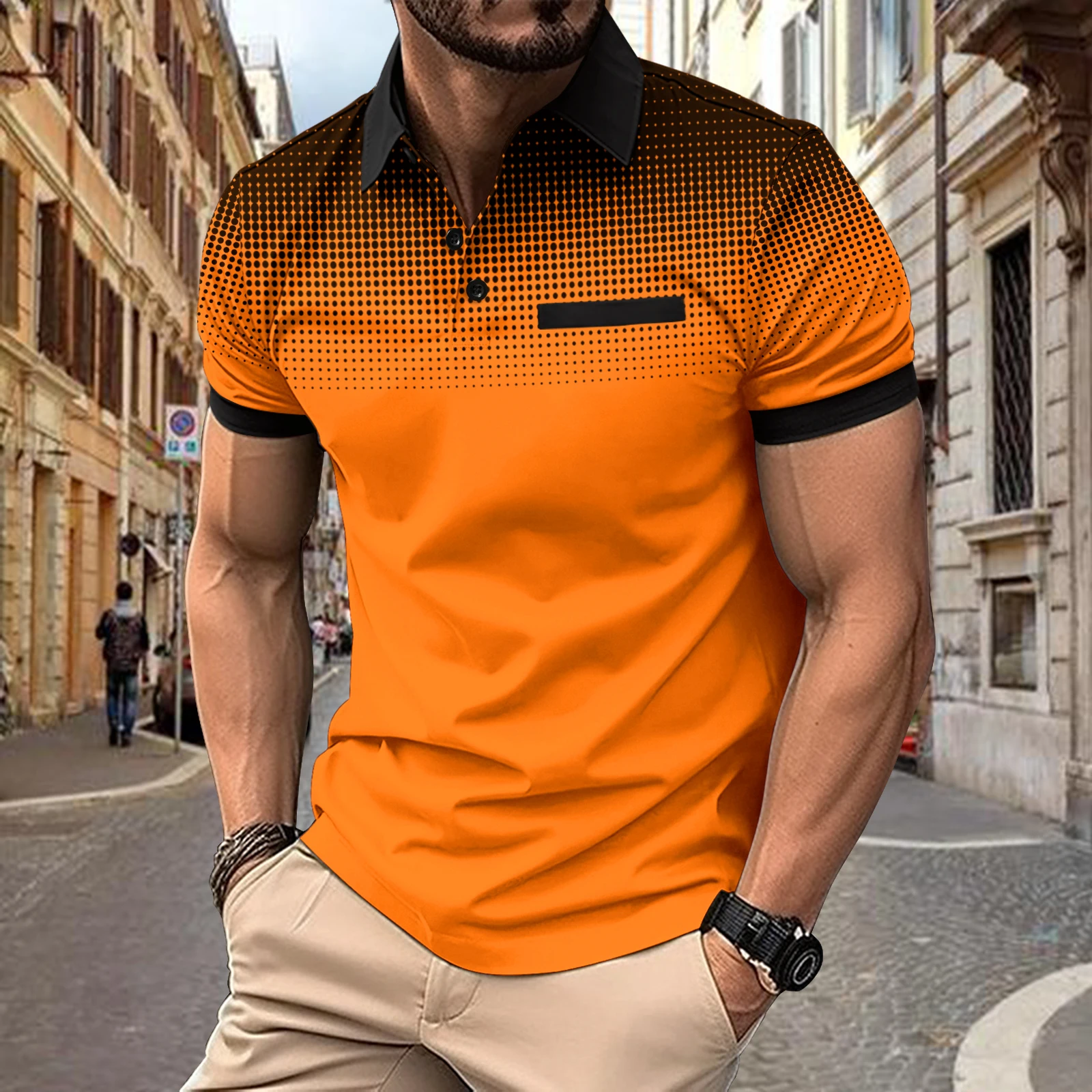 

Men's casual polka dot pattern flip button short sleeved shirt, suitable for men's fitness training