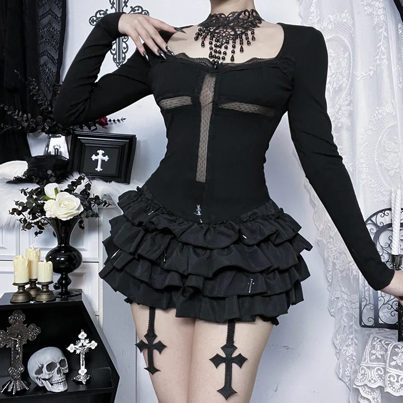 القوطي الظلام فستان من الدانتيل تقليم الصليب كم طويل تي شيرت مول القوطي سليم القمم للنساء Y2K 90s عادية تيز الصلبة الشارع الشهير #5