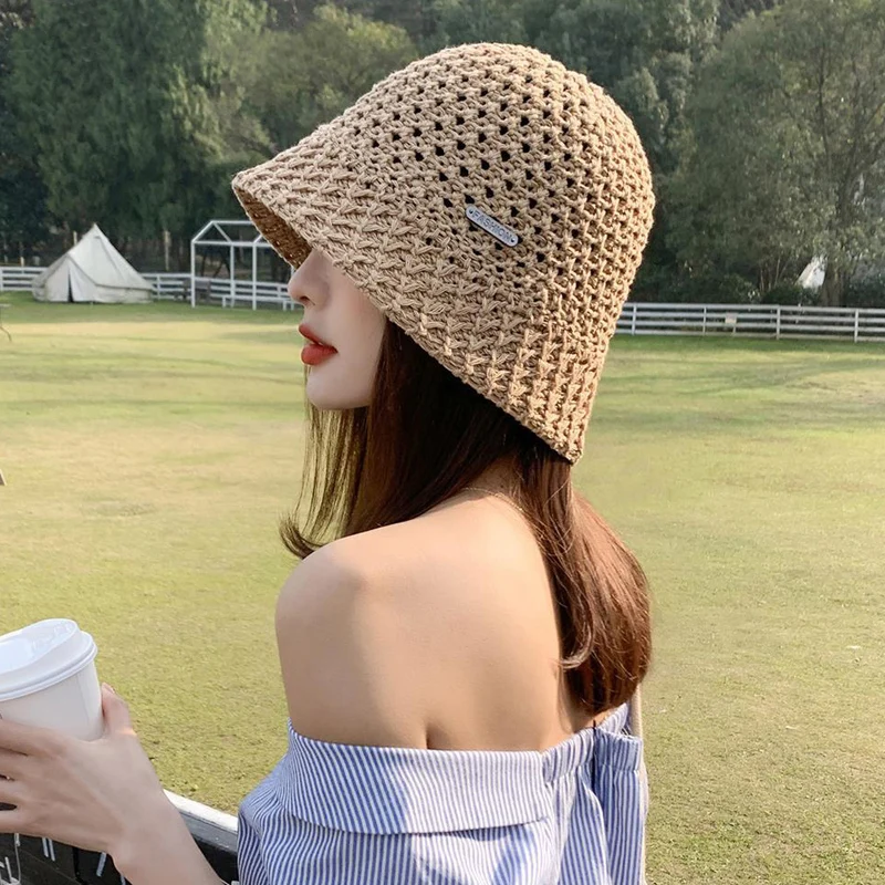 Ladies Korean Fashion Knitted Pot Hat Summer Thin Section Sunshade Sunscreen Bucket Hat Mesh Breathable Fisherman Hat Straw Hat