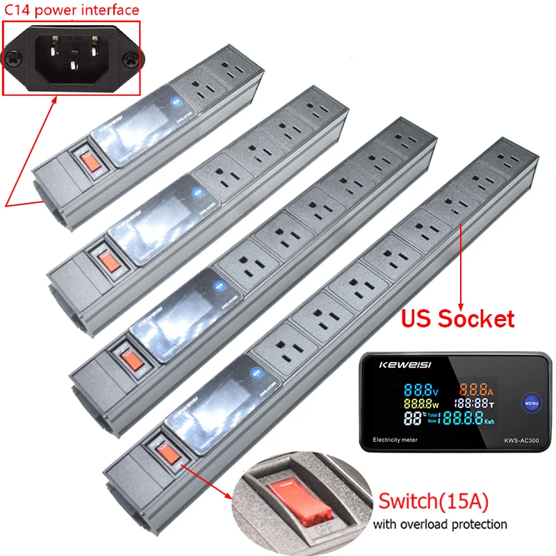 

C14 interface Power Strip with Switch Display Power Energy Volt Watt Kwh Meter 2/3/4/5/6/7/8/9/10Ways US Outlets