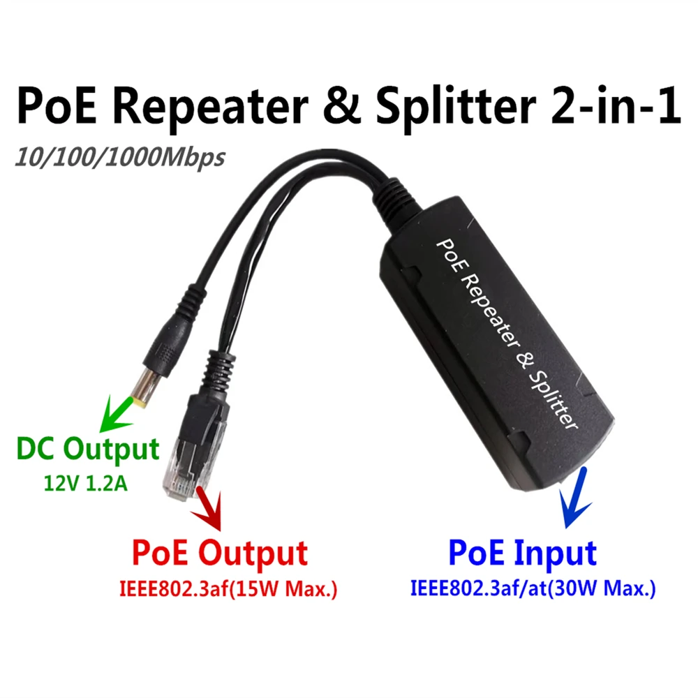 Gigabit PoE Extension Splitter, POE Input and POE Output with DC Cord (12V)