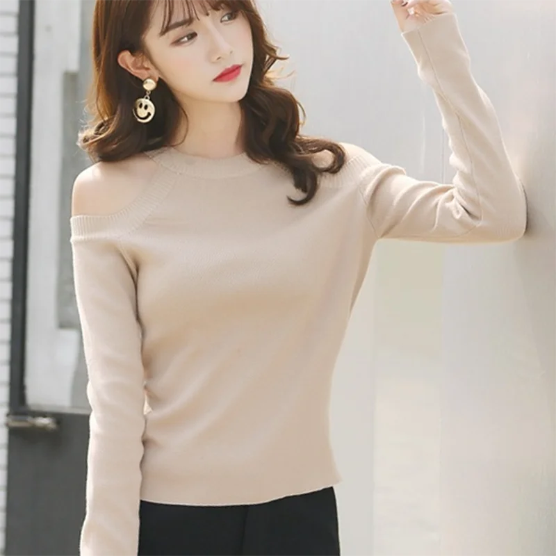 

Autumn Winter Korean Clothing Off Shoulder Pullover Sweater For Women White Long Sleeve Slim Knitted Tops Female