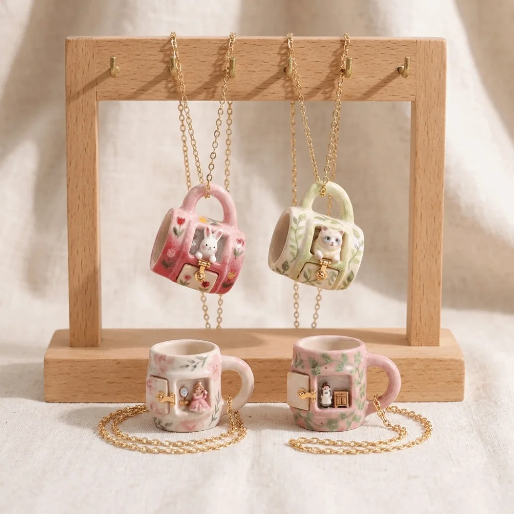 Lightweight Miniature Mug Pendant Necklace Alloy Gold Tone Ceramic Necklace Bunny Cat Micro Scene Cartoon Jewelry Christmas Gift