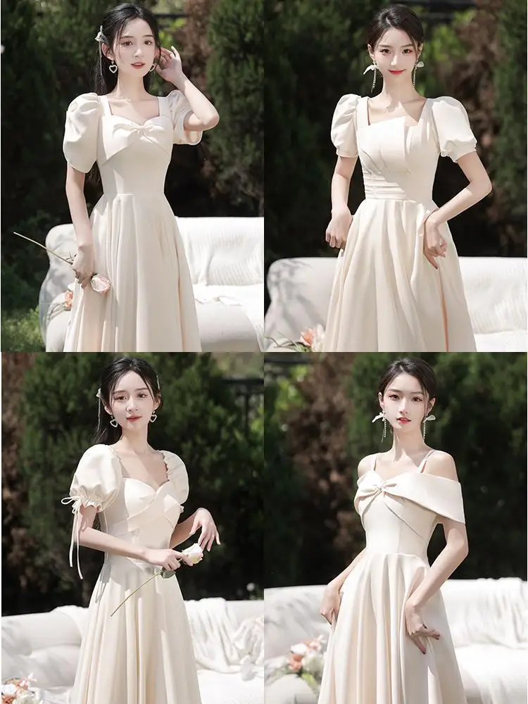 Bridesmaid Dresses Fashion Satin Square Collar Champagne Sisters Group Evening Dressfor 2023 Summer Women's Wedding Party Gowns