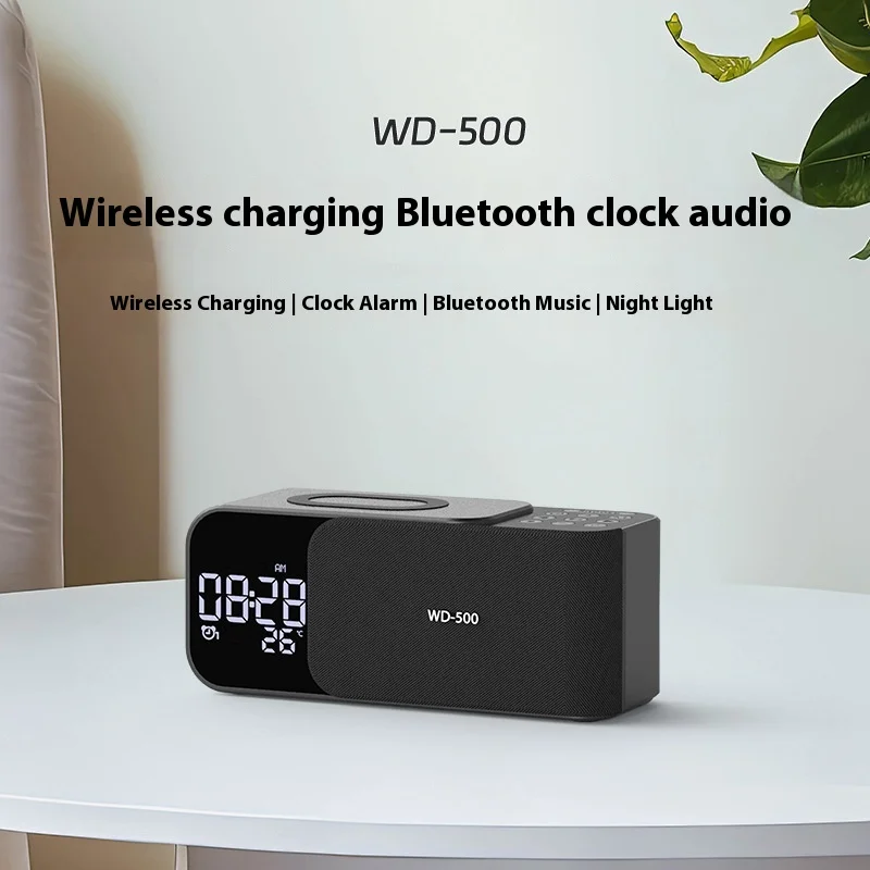 Dual Alarm Clock Home Speaker with Night Light Wireless Charging for Bluetooth Subwoofer & Radio Card Slot 10W Output Power