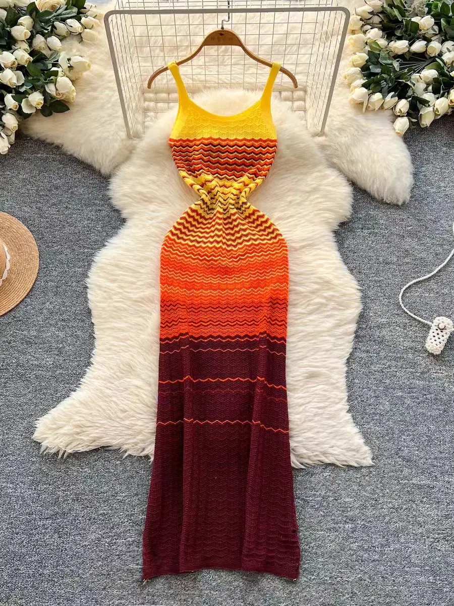 

Elegant High Waist Ribbed Knit Gradient Color Sleeveless Patchwork Long Dress for Women Holiday Wear Female Knitwear Dress