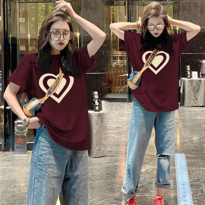 

plus Size 300 Pou Women's T-irt Heart Print round Ne ort Sve Casual Summer Korean Sle Age-Defng Versatile Top