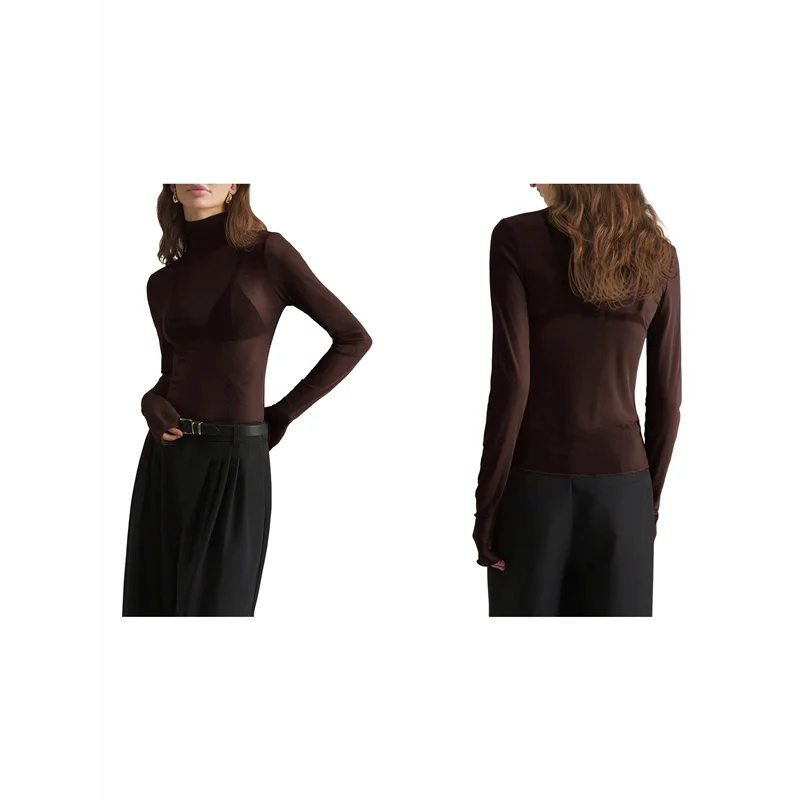 NEW-Women's Stand-Up Collar Solid Color Mesh Slim Long-Sleeved Top, See-Through Shirt