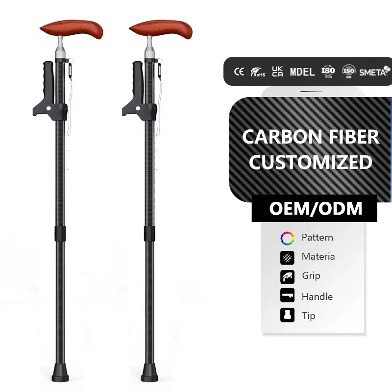 

Выдвижные легкие костыли из углеродного волокна для пожилых людей, четырехногая противоскользящая маленькая упаковка, деревянная трость с куриным крылом
