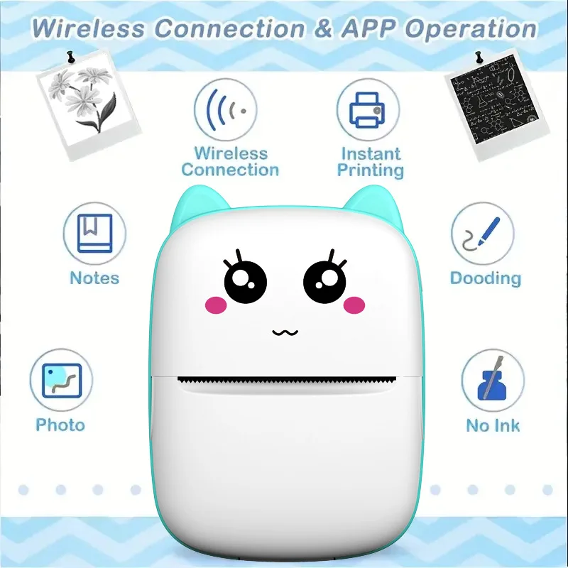 Mini Printer Portable, Inkless Sticker printer Bluetooth mini thermal printer Compatible with iOS + Android Gifts for Girls Kids