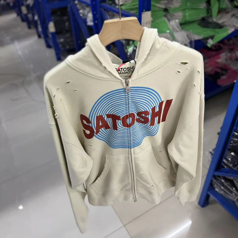 High-street Printed Letter Loose Distressed Washed Zip-up Satoshi Nakamoto Hooded Sweatshirt