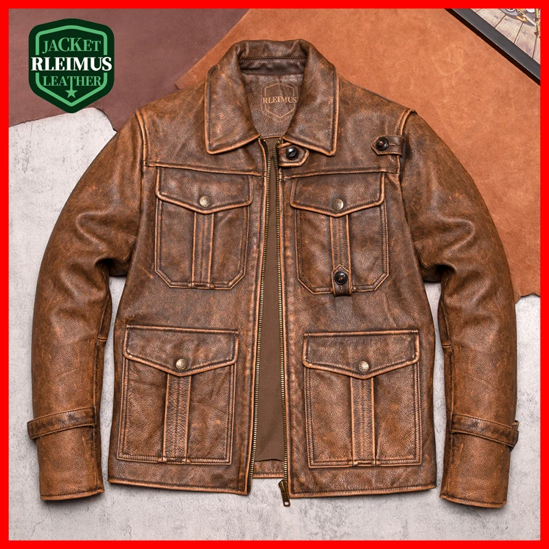 

Men Corium Motorcycle Jacket Top Layer Cowhide Moto Jacket Vintage Men Motorcycle Suit Clothes Casual Large Size Leather Jacket