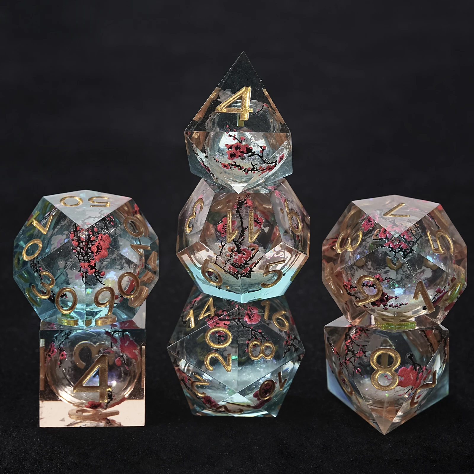 

7Pcs DND Resin Dice Blue-Pink Quick Sand Plum Blossom Golden Word Multi-sided Polyhedral Dice for D&D COC Role RPG Table Game