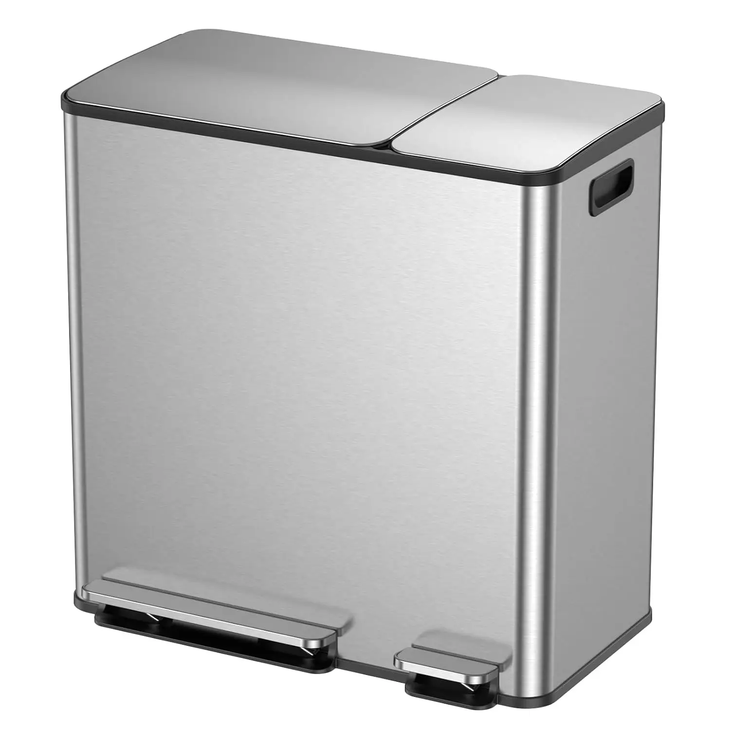 Double Trash Can Kitchen, Stainless Steel Dual Trash And Recycle Bin Combo With Silent Close Lid, Heavy Duty Foot Pedal Garbage Can Waste Container Holder For Home Kitchen Office, Silver