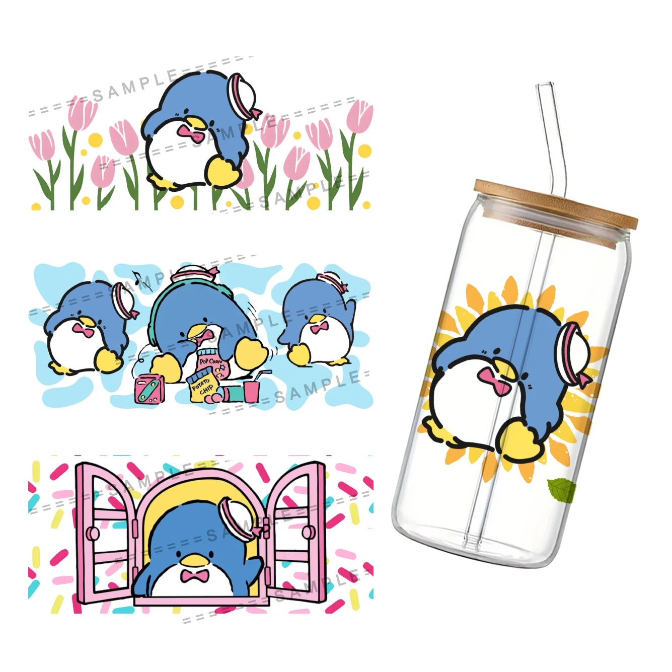

11x24cm Sanrio TuxedoSam 16oz DTF Sticker Cups Cool Personalize UV Wrap Transfer Sticker Label Self Adhesive Waterproof Custom