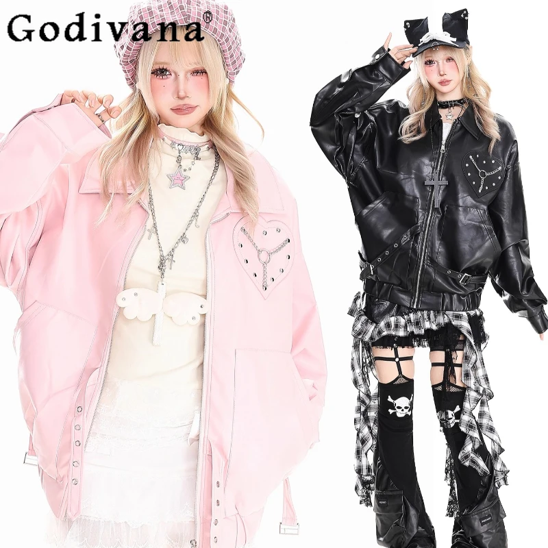 

Retro Y2K Girl Leather Jacket Women Autumn Winter Design Slim Loose Faux Leather Coat Female Japanese Style PU Leather Jacket