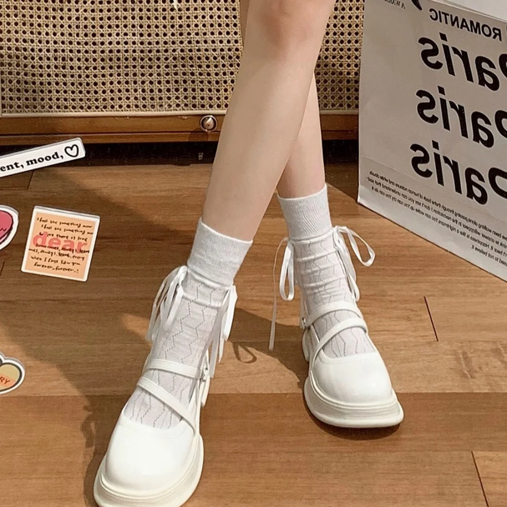 Girls Bow Straps Hollow JK Lolita Casual Socks Women Solid Middle Tube Ribbon Socks Spring Autumn Bandage Ballet Style Hosiery