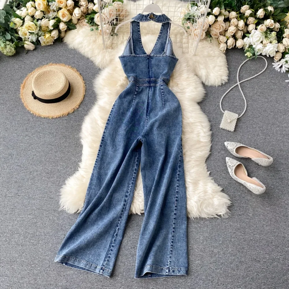 Neploe 2024 New Moda Slim Fit Bodysuit Europe Halter Sleeveless Backless High Waist Jumpsuit Wid Leg Pants Denim Elegant Romper