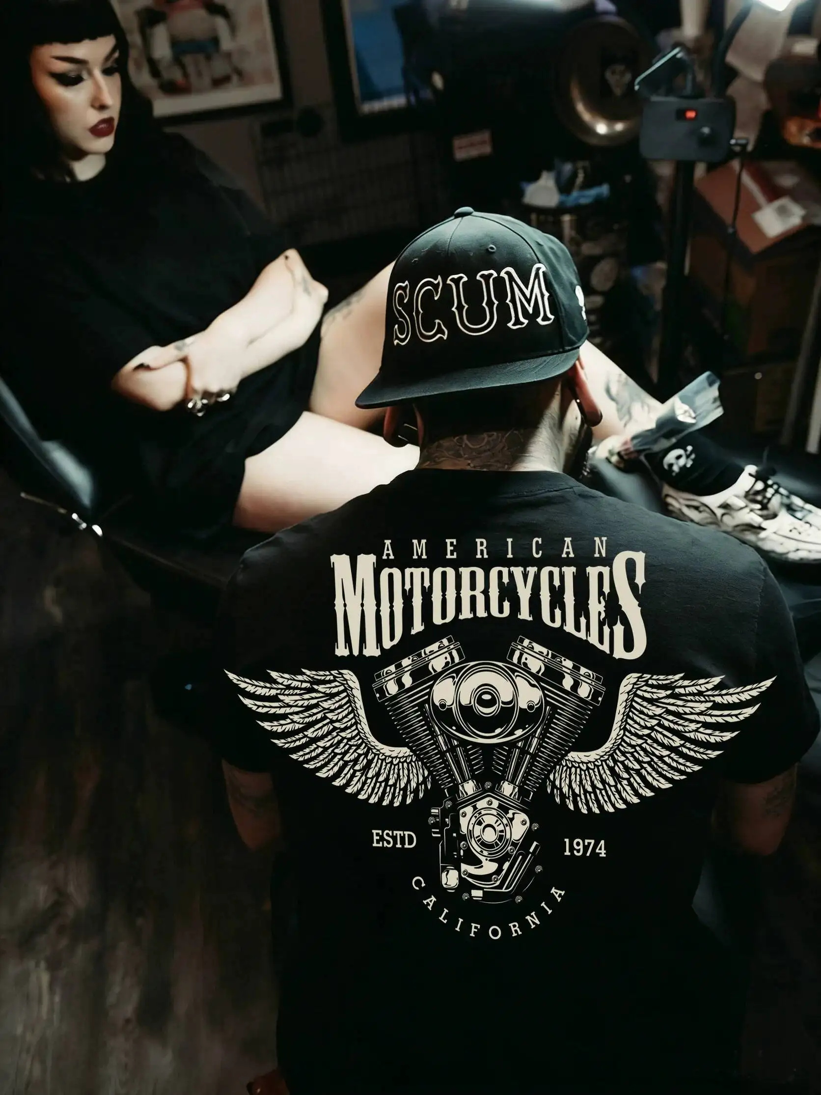 2026 Men Heavyweight Cotton Short Sleeve T-Shirt American Retro Wing Print Motorcycle Rock Style Casual Ins Fashion Half Sleeve