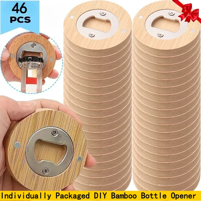 46PCS Bamboo Bottle Opener Portable Round Magnet Bottles Opener Kitchen Barware Tools Wedding Party Favors Bottle Openers