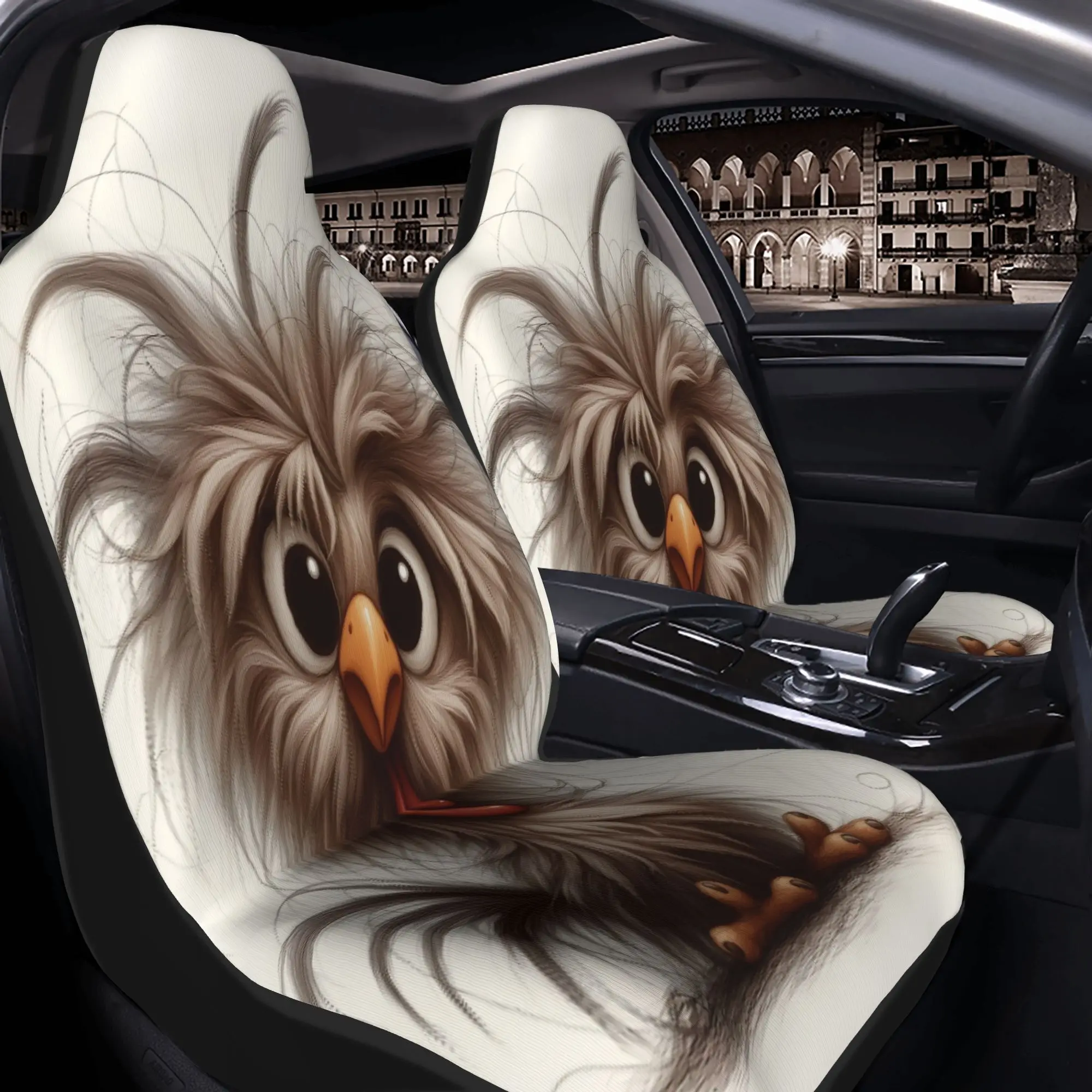 2pcs Cute Fluffy Bird With Big Eyes And Playful Expression, Adorable Little Creature IllustrationCar Seat Covers, Suitable For A
