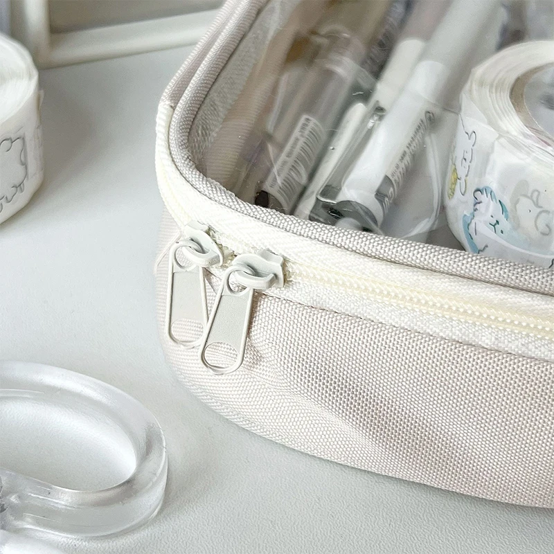 Student Pencil Pouch Simplicity Beige Color Series Pencil Case Transparent High Capacity Stationery Scrapbook Storag Bag