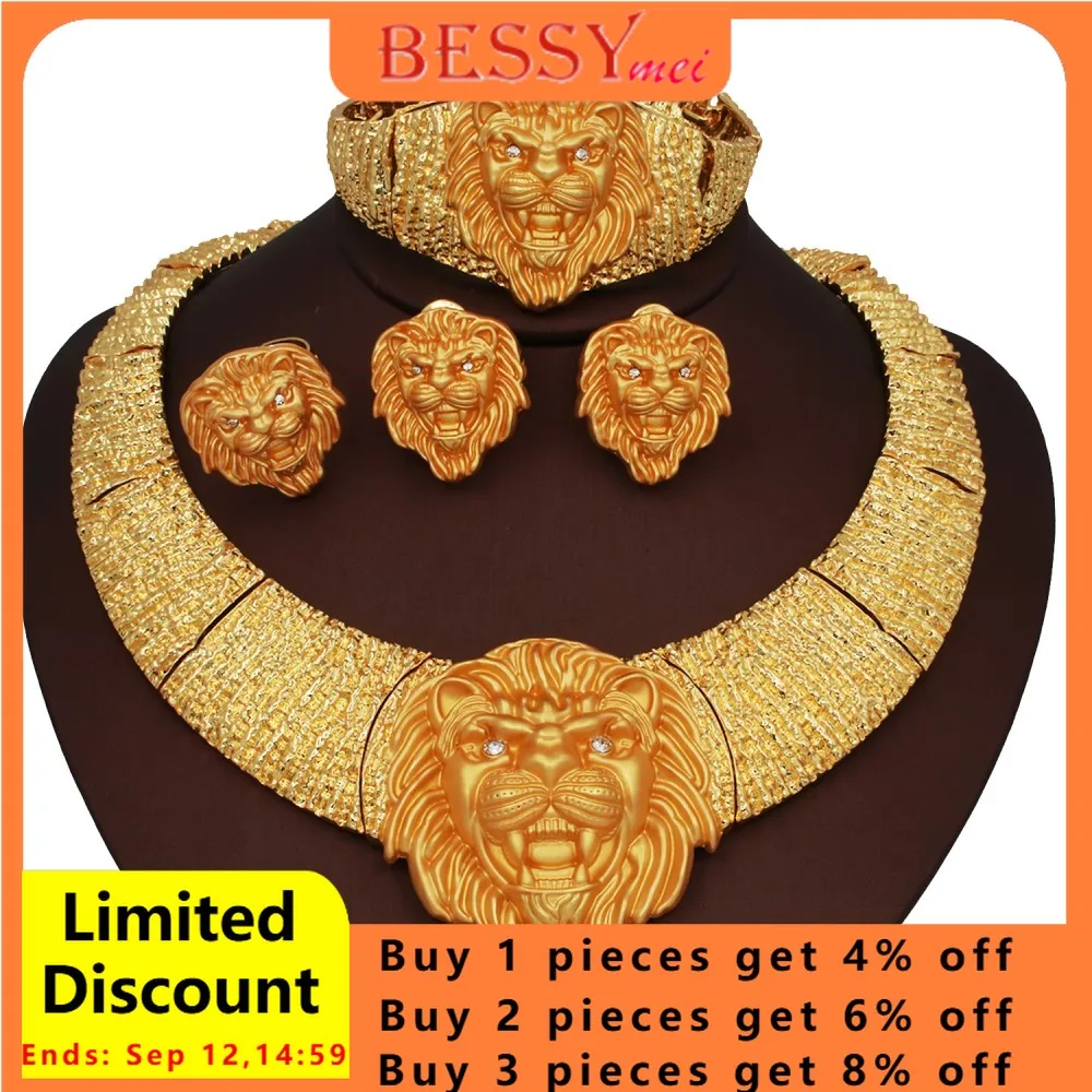 

Big Lion Head Jewelry Set Africal Gold Color Necklace Bracelet Earring Ring Set For Women Fashion Statement Party Jewelry Gifts
