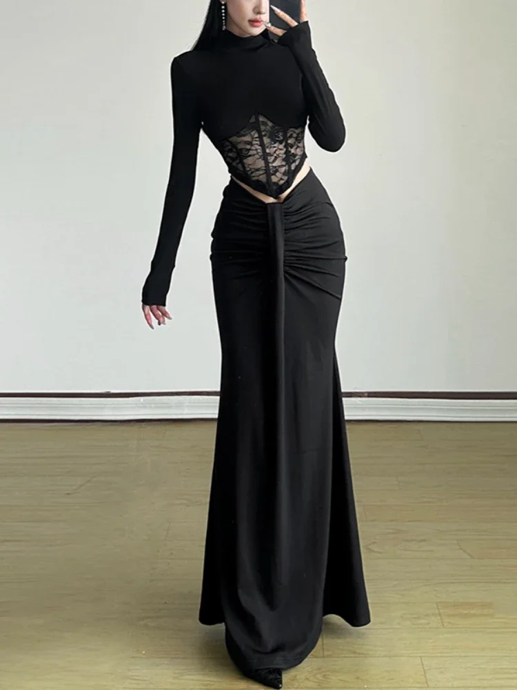 2025 wysokiej talii solidna seksowna damska długie spódnice Y2k estetyczna wiosna plisowana spódnica w stylu Harajuku Streetwear Bodycon wróżka Grunge Faldas