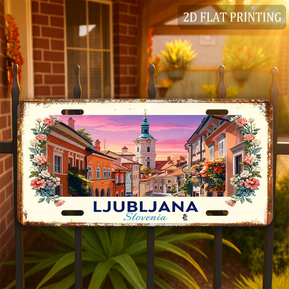 2D Flat, 1pc Large Retro Slovenian Alps Wall Art - Ljubljana Castle, Ljubljanica River & Slovenia Map Plate | Wall-Mountable Sig