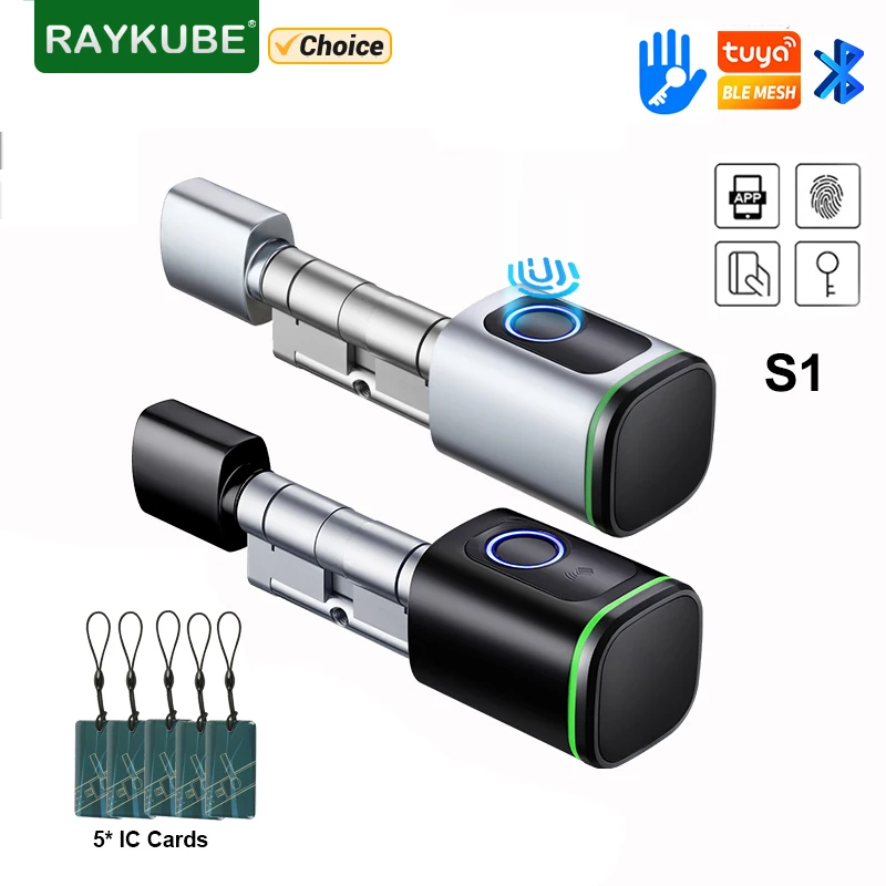 RAYKUBE-S1 Tuya BLE TT 잠금 스마트 전자 도어 잠금 장치, DIY 실린더 코어 지문 앱 키 IC 카드 잠금 해제 홈 호텔 