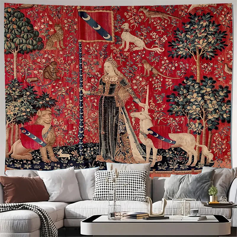 Средневековый гобелен, настенный гобелен, охота на льве, лесная сцена, домашний декор, готическое искусство, винтажный текстильный перегородка для комнаты