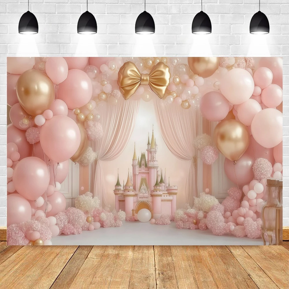 Newborn Baby Girls 1st Birthday Party Backdrop Pink Balloons Castle Baby Shower Kids Portrait Photography Background Photostudio