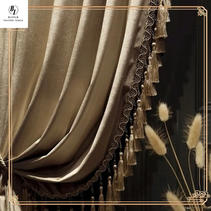

Milk Tea Color French Luxury High-end Velvet Curtains European Blackout Solid Color Curtains for Living Room Bedroom Custom Size