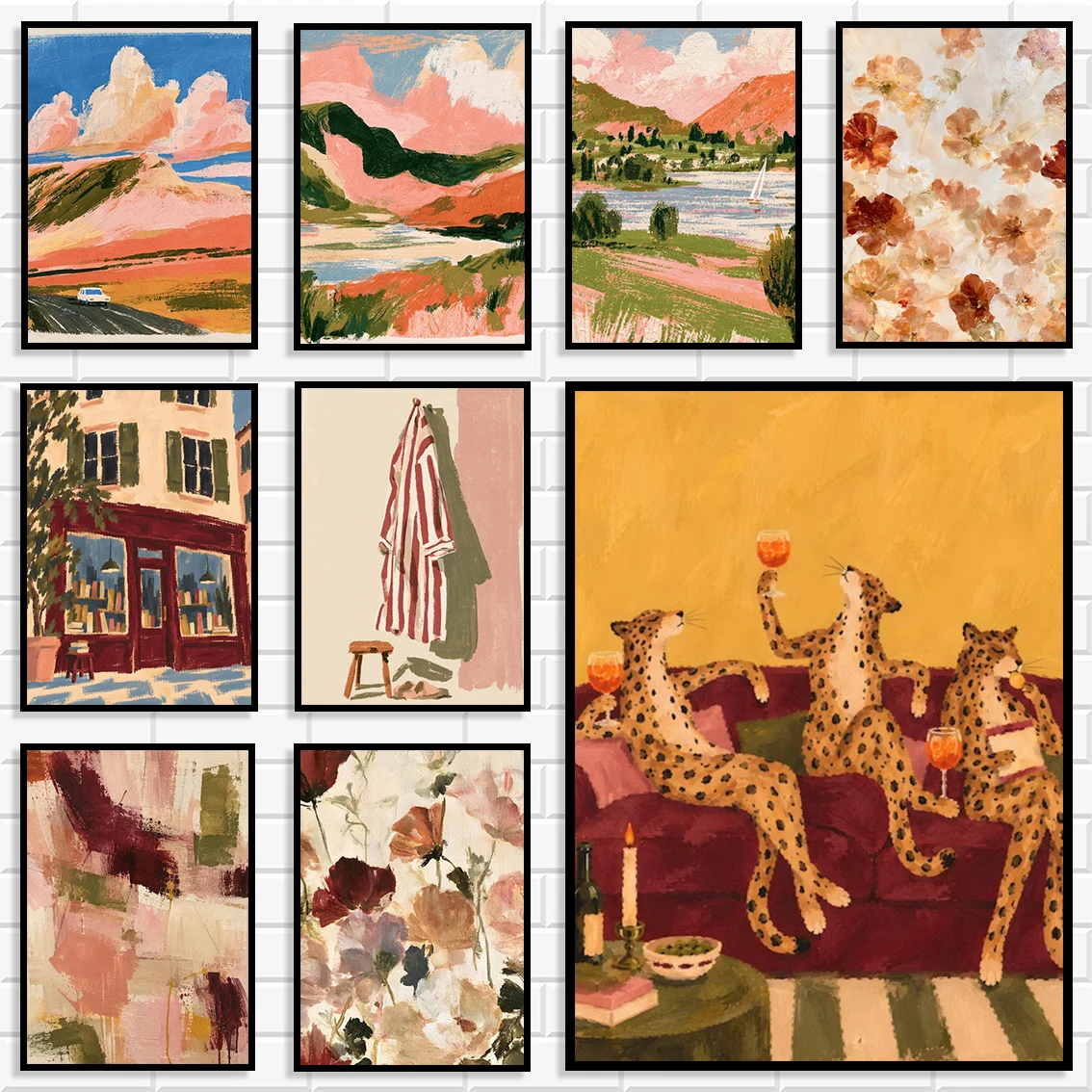 Eclectic Boho Poster Set, Cheetah Drinking Wine Floral & Mountain Landscape Canvas Wall Art Print, Aesthetic Home Room Decor
