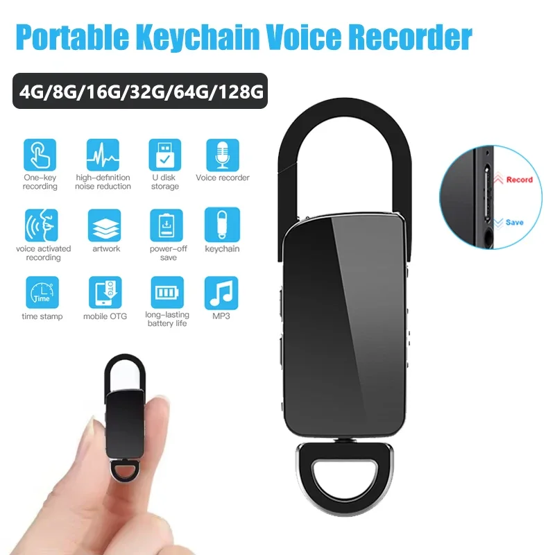 128GB Mini Digital Recorder Keychain Activated Voice Recorder 750 Hours 192KBPS One-key Recording 4-64G Noise Reduce MP3 Player