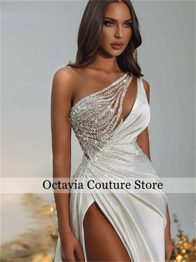 White Ruching Dubai Evening Dresses Bead Crystal Rhinestone Dress Women Elegant Party High Split Prom Gown Customized