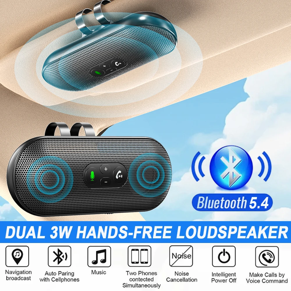 Bluetooth 5.4 Car Kit Handsfree Dual 3W Speakerphone Sun Visor Speaker Mp3 Player Wireless Music Receiver With Voice Assistant