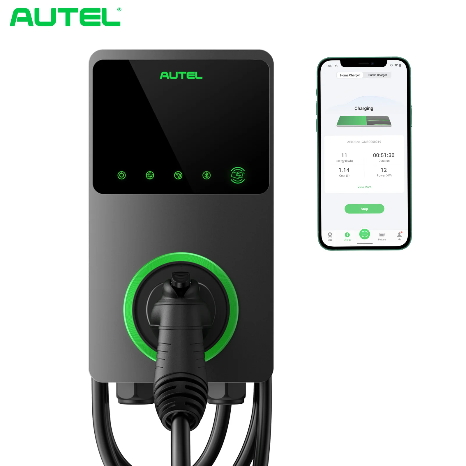 

Autel RFID WIFI Enable 50A 240V 12KW EV Charger Level 2 J1772 Smart Home Electric Vehicle Charging Station With In-body Holster